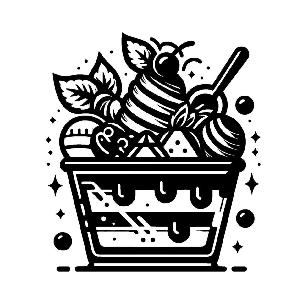 Black and White Illustration of a Sundae Dessert Cup, with ice cream swirls, fruit, spoon, and sprinkles against a bright background. vector