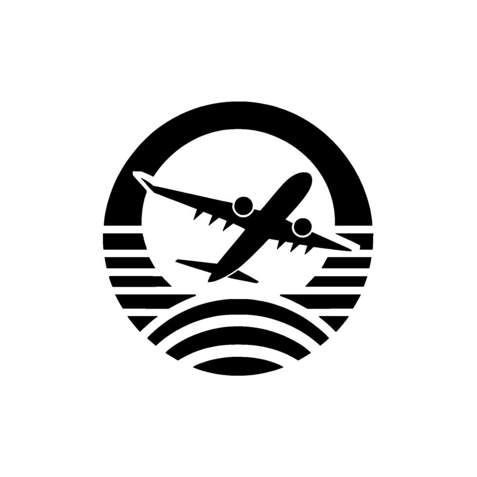 Black and White Aviation Airplane Flying Over a Striped Landscape, Circular Representing Travel and Flight. vector