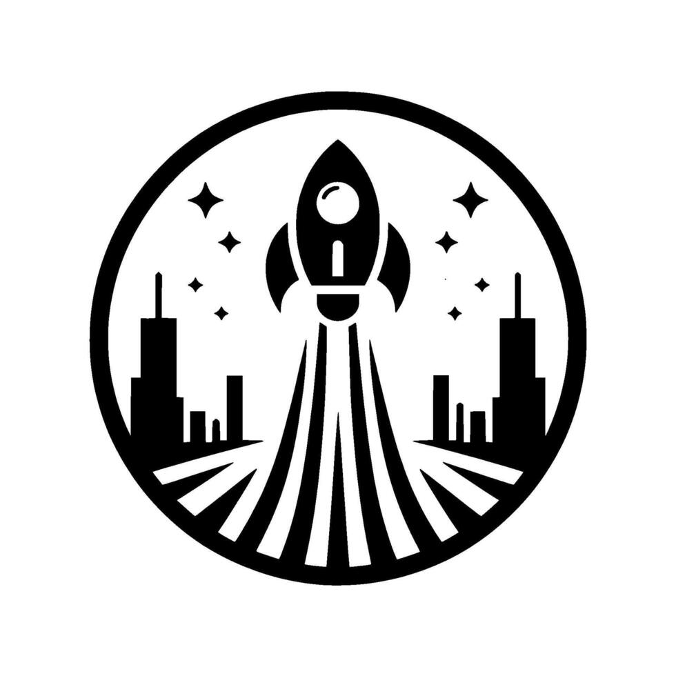 Stylized Black and White Rocket Launching Over a City Silhouette Inside a Circle with Stars, Representing Space Exploration. vector