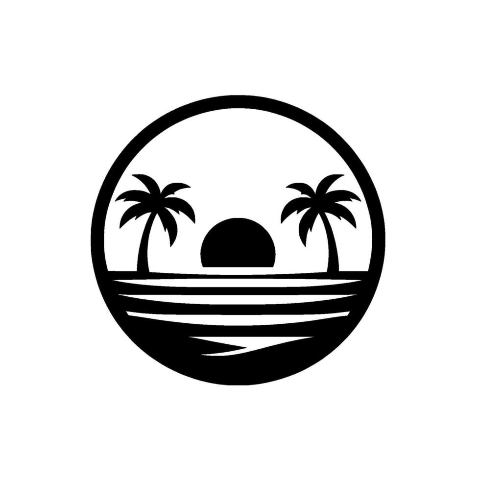 Silhouette illustration of a tropical sunset scene within a circle, featuring palm trees, the sun, and ocean waves in black against a white background. vector