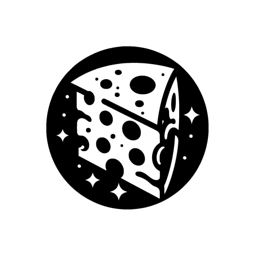 Whimsical Illustration of a Glowing Cheese Wedge with Holes Inside a Black Circle, Surrounded by Stars, a Modern Food . vector