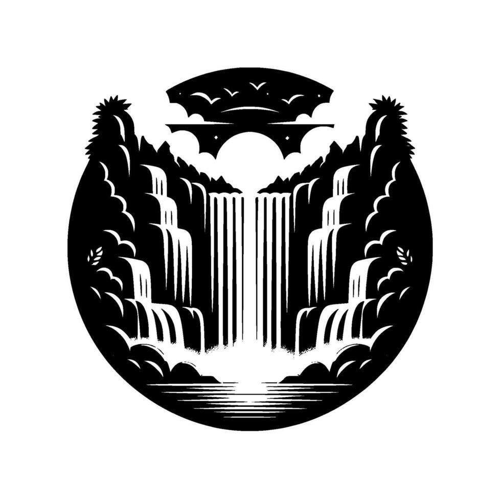 Black and White Scenic Art Stylized Circular Composition Featuring Mountainous Waterfalls, Arch Bridge, Flocks of Birds, and Serene Water Reflection. vector