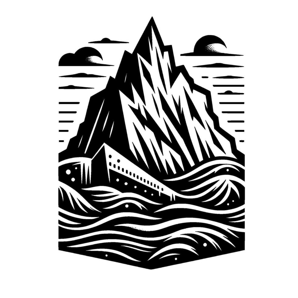 Bold Black White Mountainous Iceberg looming over a sinking ship, amidst stormy seas, with stylized clouds. vector