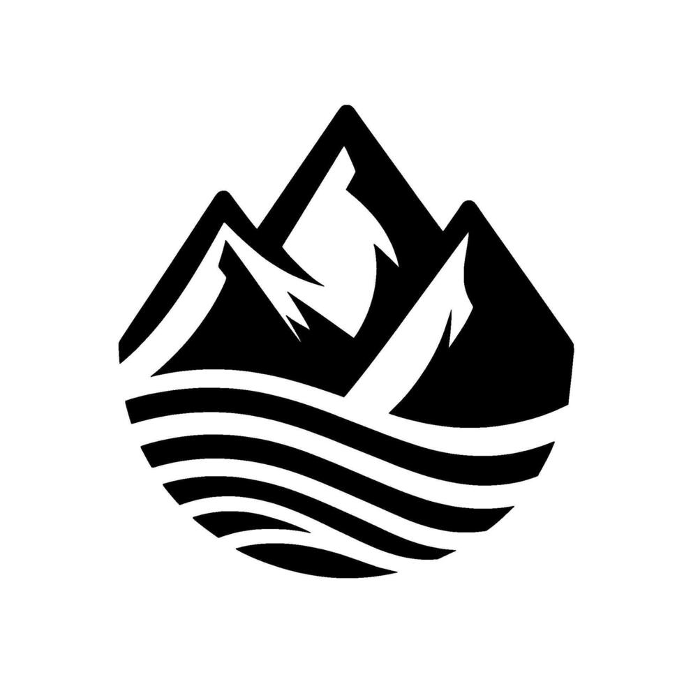 Modern Minimalist Black and White Mountain Landscape , Featuring Peaks Above Wavy Waters, Representing Natures Power. vector
