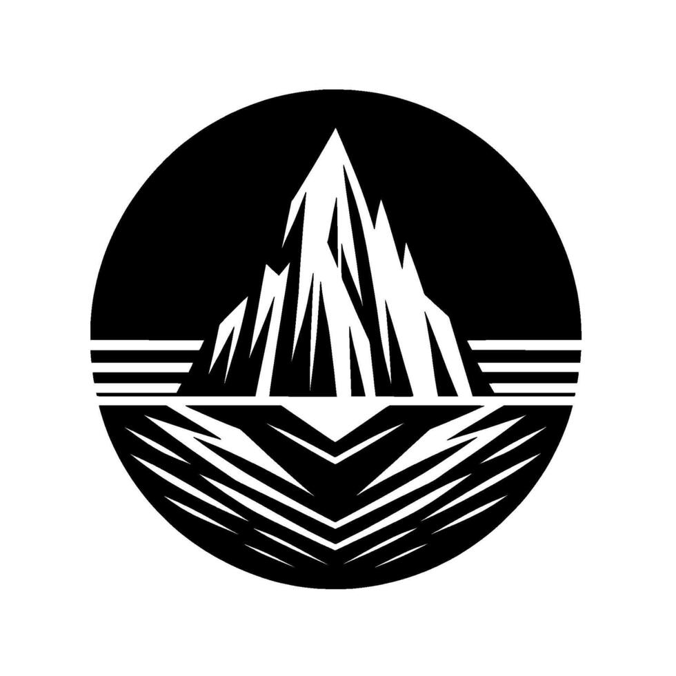 Bold Black and White Mountain Peaks and Their Reflection in a Circular Frame, Representing Wilderness and Adventure. vector