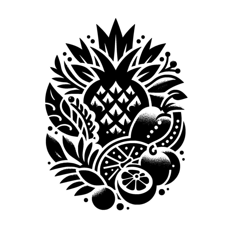 Intricate Black and White Composition Pineapple, Citrus Fruits, and Foliage in an Oval, , and Stylized . vector