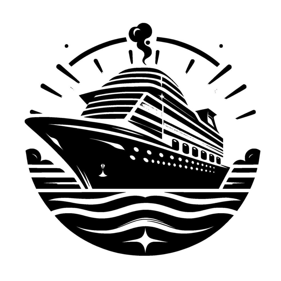 Stylized Black and White Cruise Ship with Nautical Elements Waves, Sunburst Effect, and a Whimsical Smoke Cloud. vector