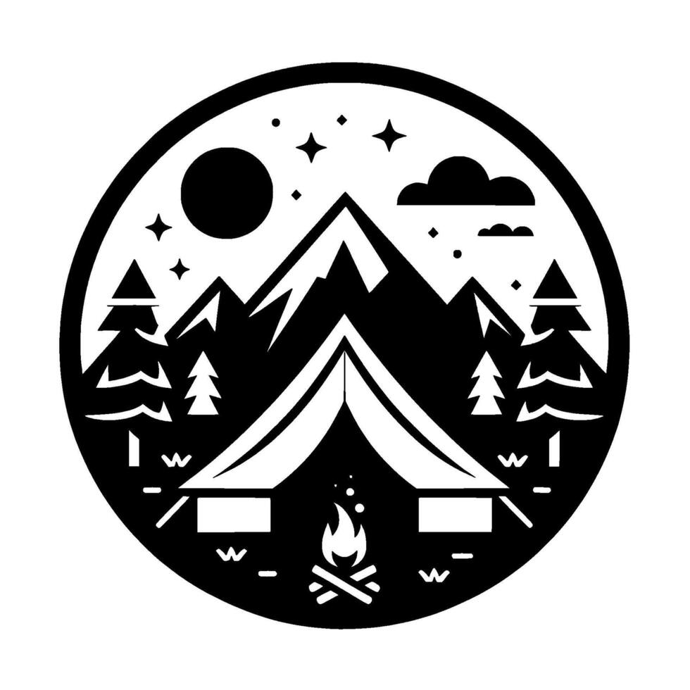Minimalist Camping Scene in Black and White Circle, Featuring Tent, Mountains, Forest, Stars, and a Campfire. vector