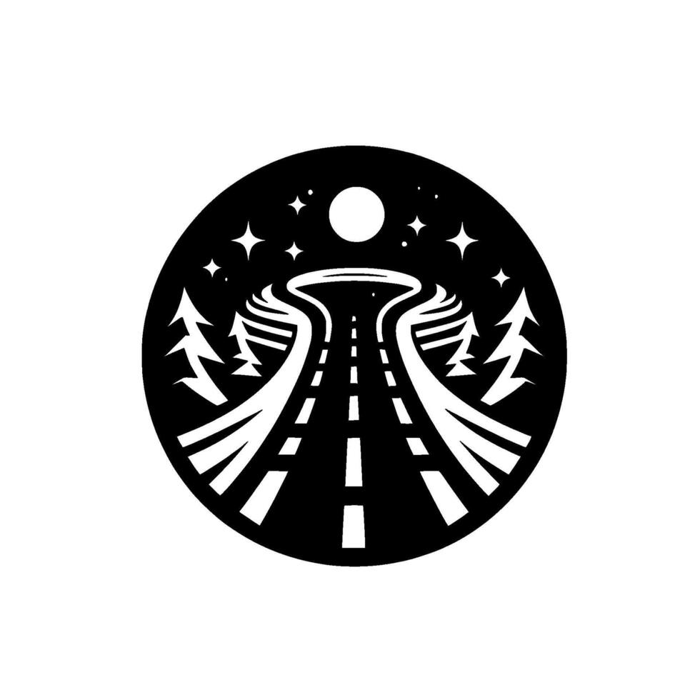 Black and White Circular A Winding Road Through a Forest Under a Starry Night Sky with a Moon. vector