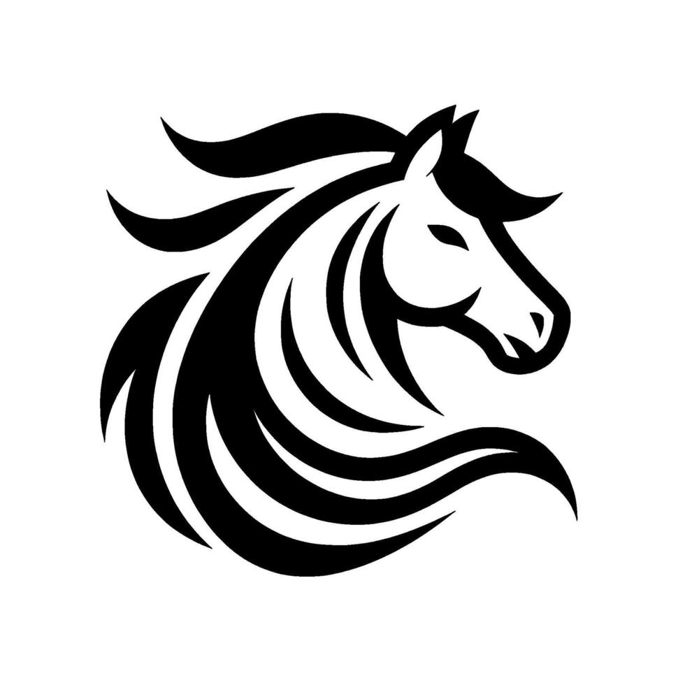 Elegant minimalist black and white illustration of a horses head with flowing mane, symbolising strength and grace on white backdrop. vector