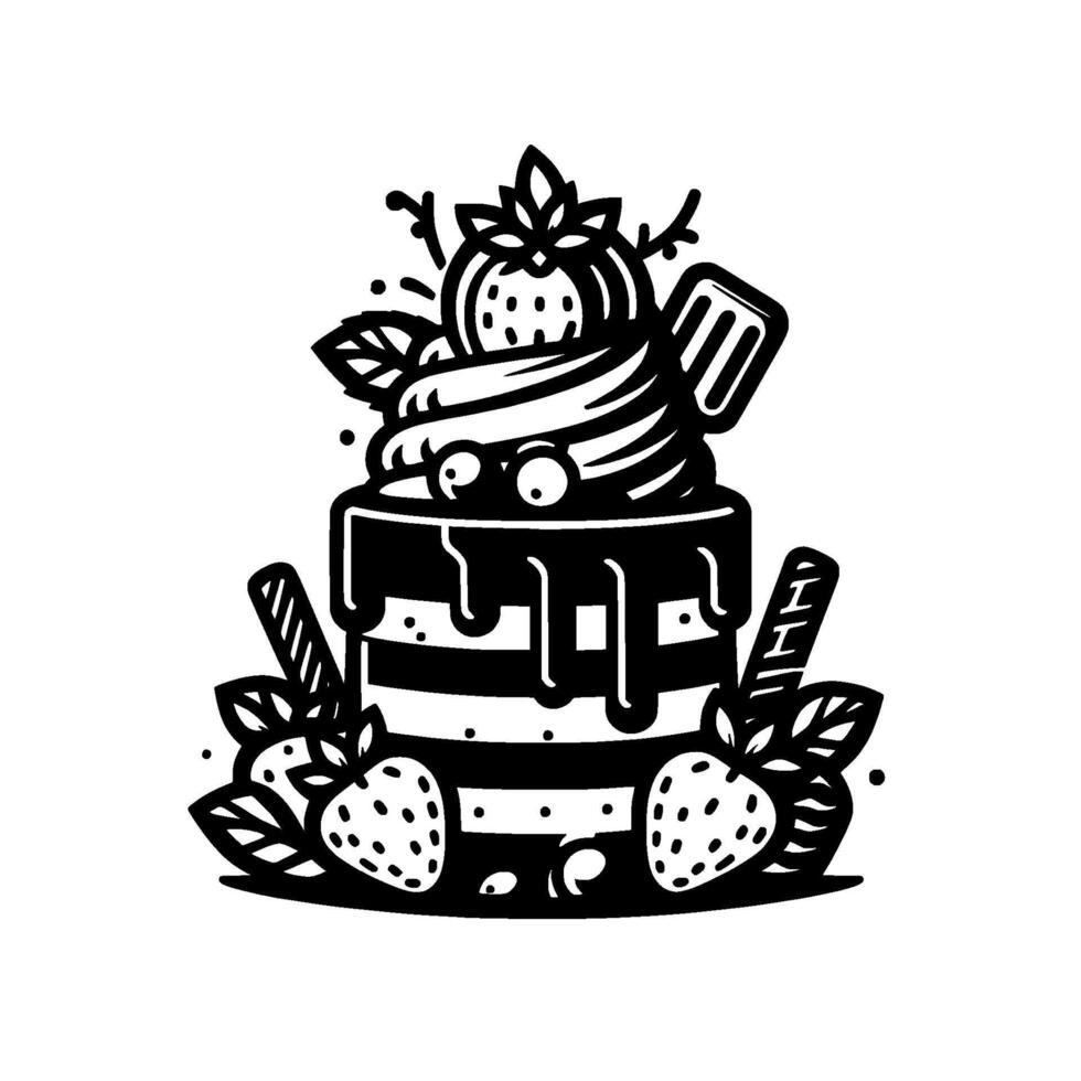 Whimsical Black and White Illustration Strawberry Cake with Whipped Cream, Drizzle, and Decorative Elements. vector