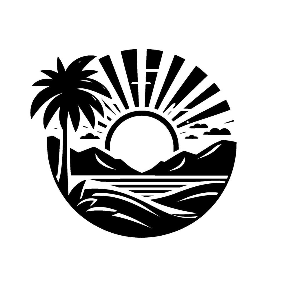 Circular Black White Illustration Sunburst over a tropical scene featuring palm tree, mountains, clouds, and ocean waves. vector