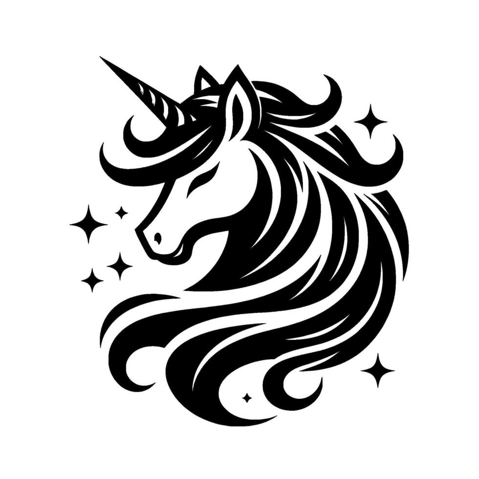 Intricate Black and White Unicorn Head with Flowing Mane and Sparkling Stars on a White Background. vector