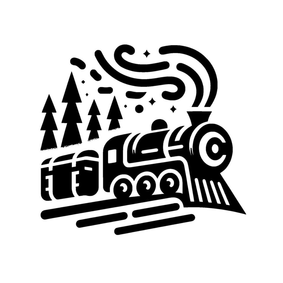Stylized black and white illustration of a vintage steam train traveling through a forest at night, emitting smoke and stars. vector