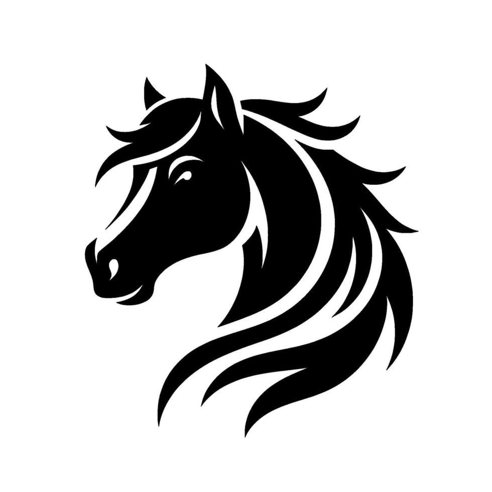 Bold Black Horse Head Silhouette with Flowing Mane on a White Background, Representing Strength and Grace. vector