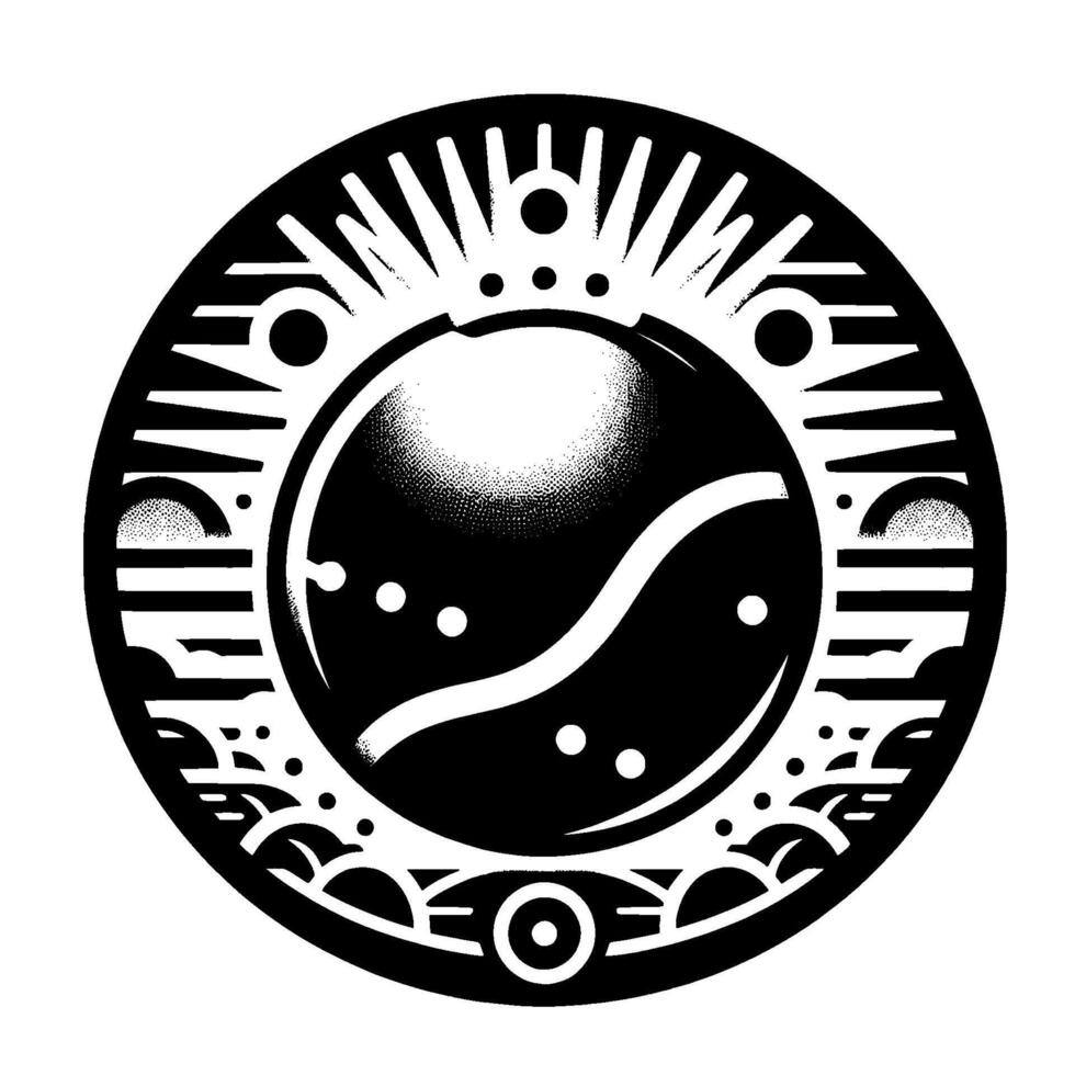 Stylized Black and White Circular Illustration of a Celestial Sphere with Ornate Radial Designs. vector