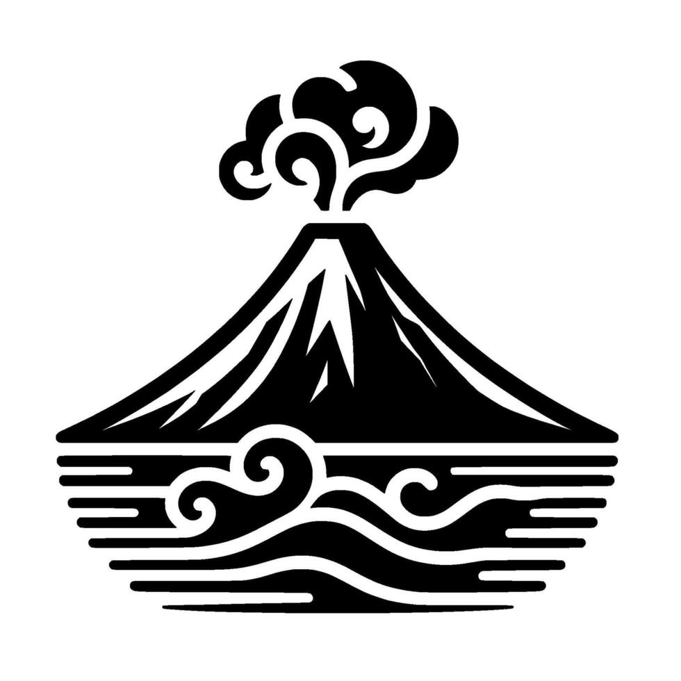 Bold Black and White Volcanic Mountain with Flowing Clouds and Water, . vector