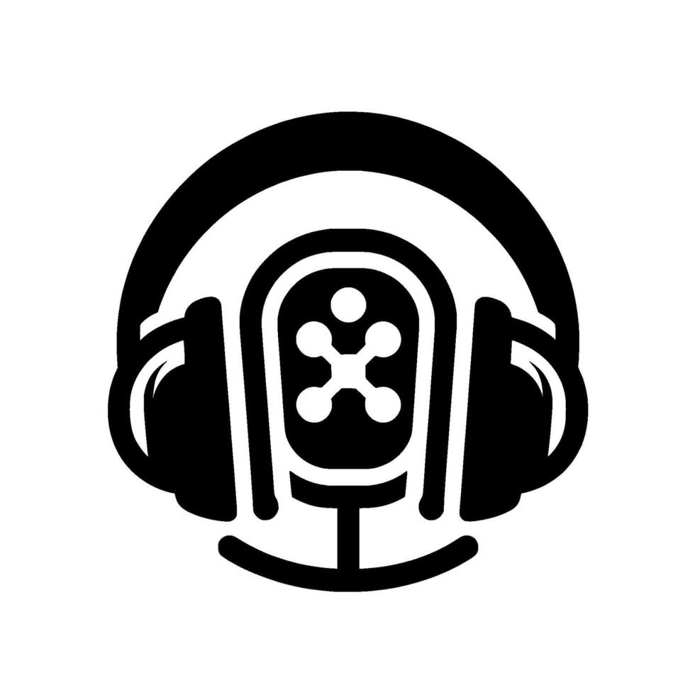 Minimalist Black White Podcast Featuring Headphones and Microphone with an abstract floral , Isolated on White. vector