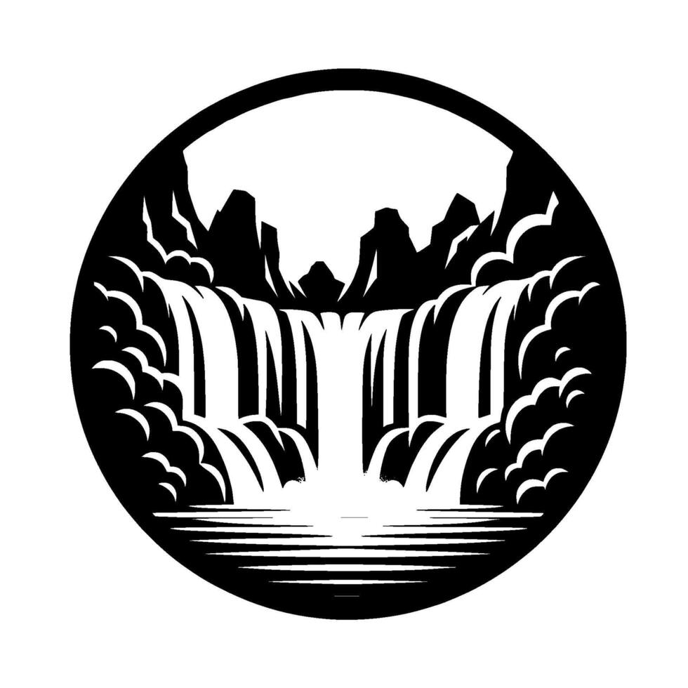 Circular BW Illustration of a Majestic Waterfall Cascading from Rocky Peaks Under a Cloudy Sky. vector