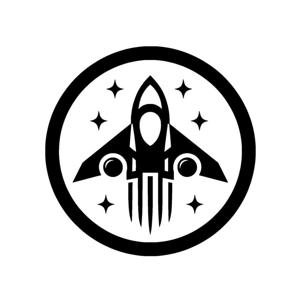Stylized Black and White Spacecraft Emblem A Minimalist Rocket Ship Within a Circle, Surrounded by Stars, on a White Background. vector