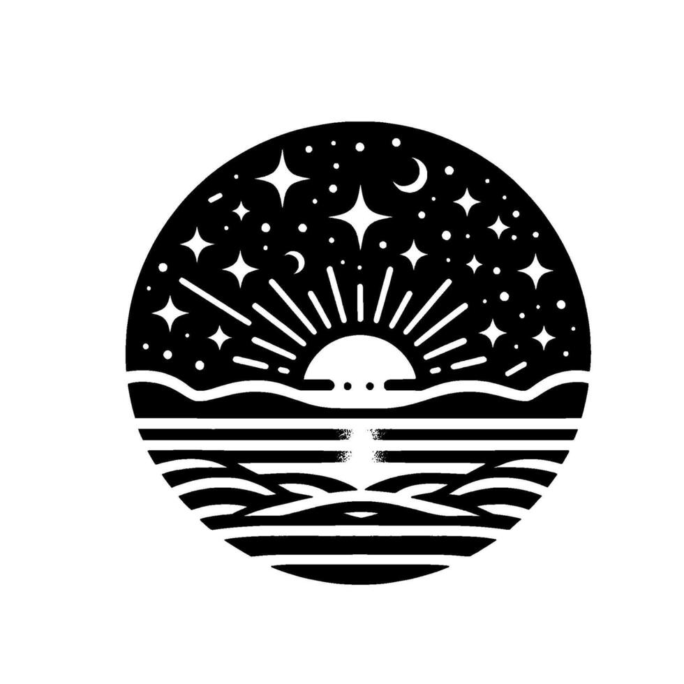 Black and White Circular Illustration SunsetSunrise over Ocean, starry sky with moon, geometric stylization. vector