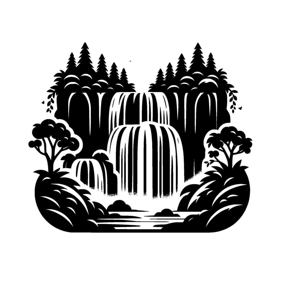 Stylized Black and White Illustration of a Serene Waterfall Cascade Amidst Lush Foliage and Coniferous Forest, Minimalist . vector