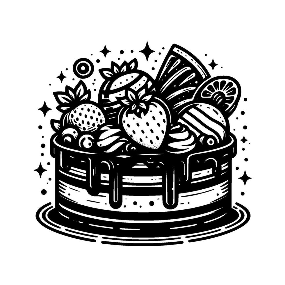 Black and White Illustration of a Layered Cake Adorned with Fruits, Drizzled with Chocolate, and Sparkles, Festive and Decorative. vector
