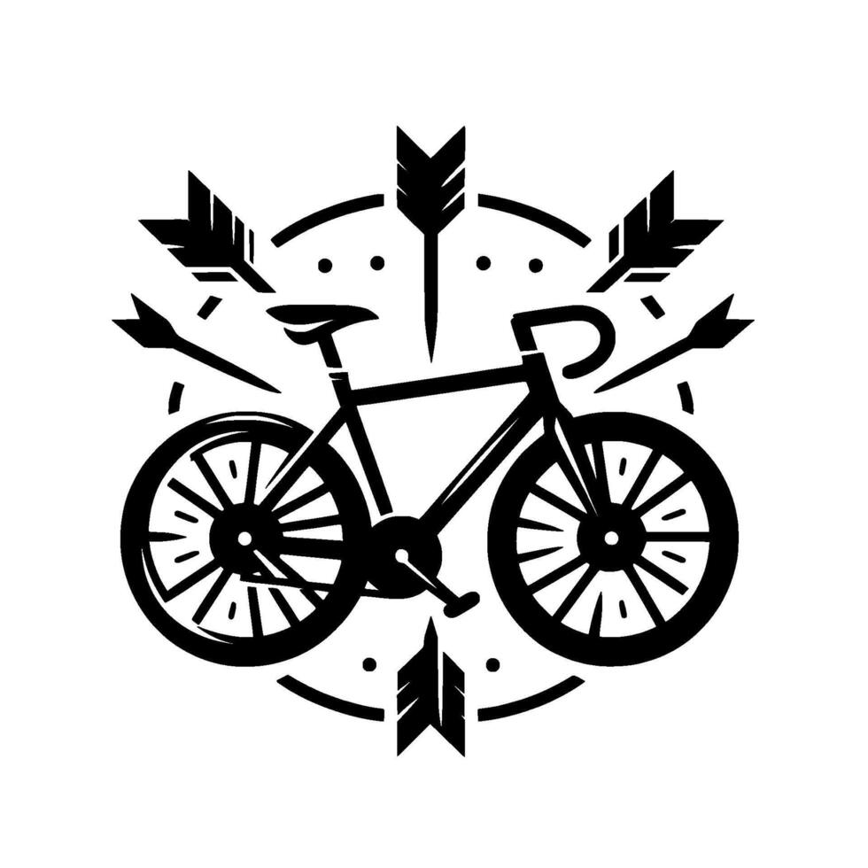 Black and White Illustration Bicycle framed by a circle of arrows, clean , focused on cycling. vector