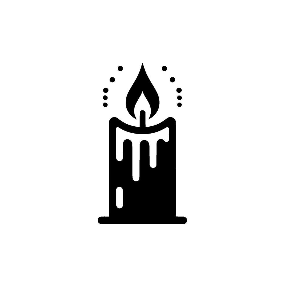 of a burning candle, black silhouette with stylized flame and melting wax details, surrounded by dots, on white backdrop. vector