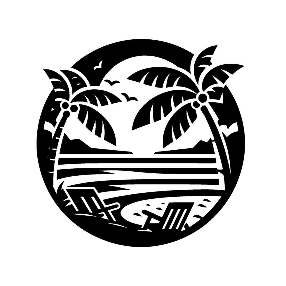 Black and White Circular Silhouette of a Tropical Beach Scene Palm Trees, Lounge Chairs, Ocean, and Birds, Evoking Relaxation. vector