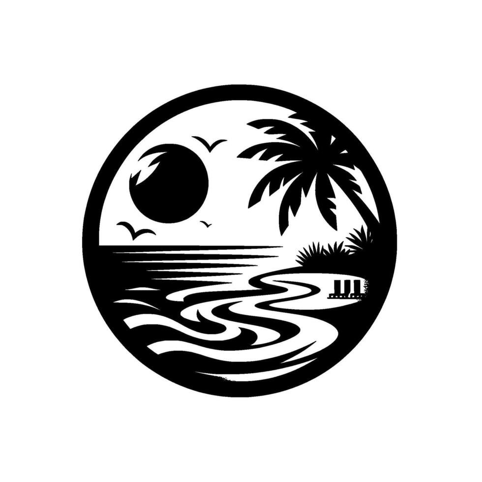A stylized black and white circular composition depicting a tropical beach scene with a sun, birds, palm tree, water, and pier. vector