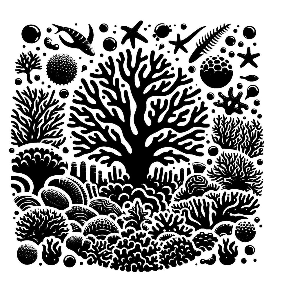 Black and White Marine Ecosystem Detailed illustration of coral reefs, sea life, and marine flora in intricate patterns and forms. vector