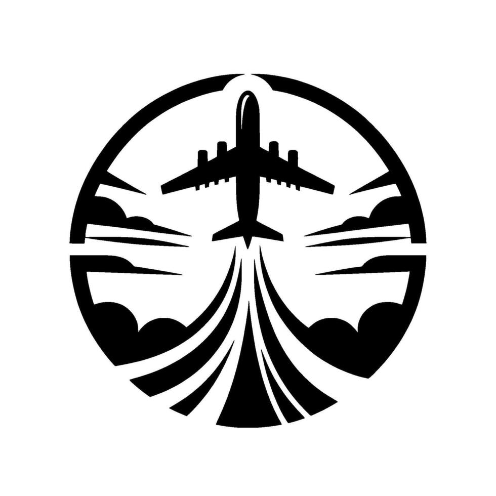 Silhouette of an Airplane Taking Off Amidst Clouds Within a Circular Frame, a Illustration in Black and White. vector