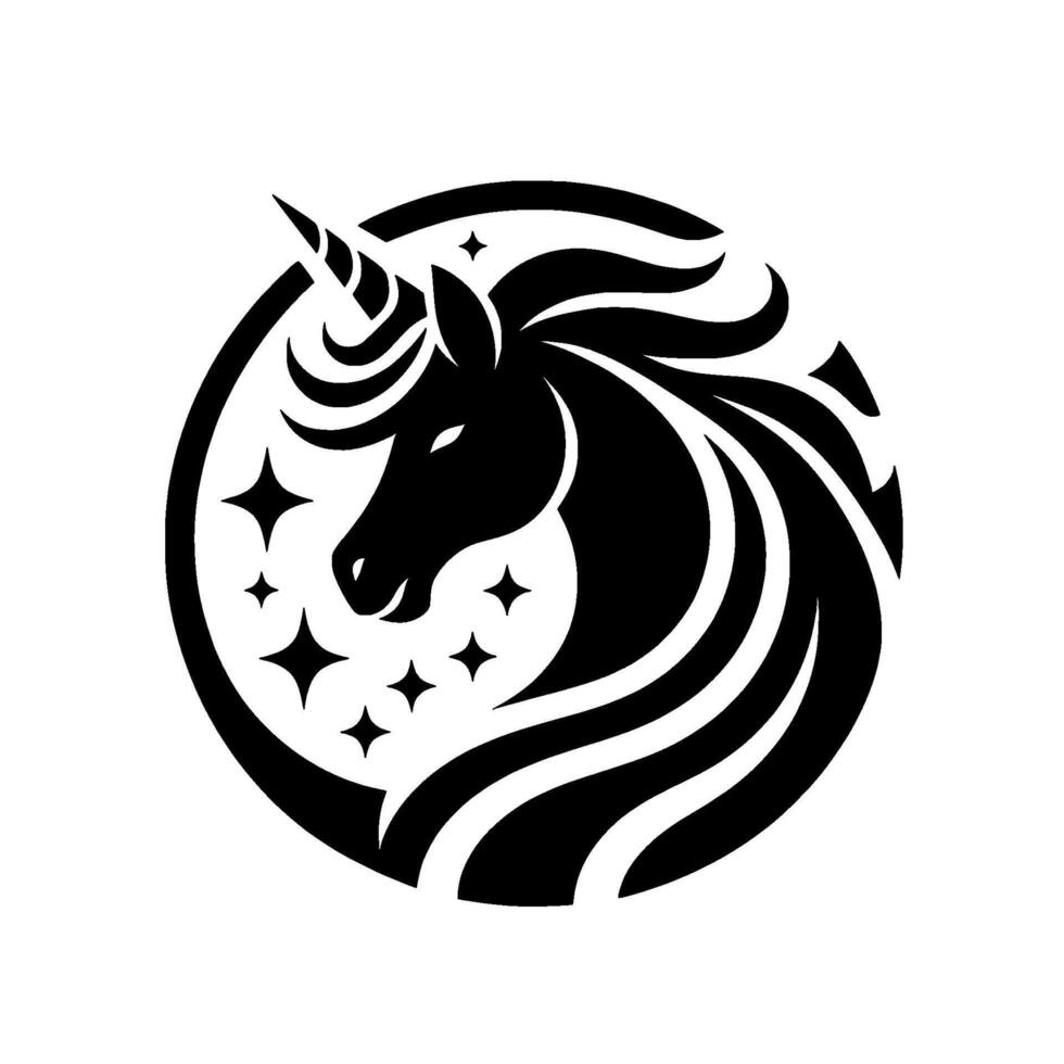 Black and White Unicorn Head Silhouette Within a Circle, Adorned with Stars, a Modern, Mystical . vector