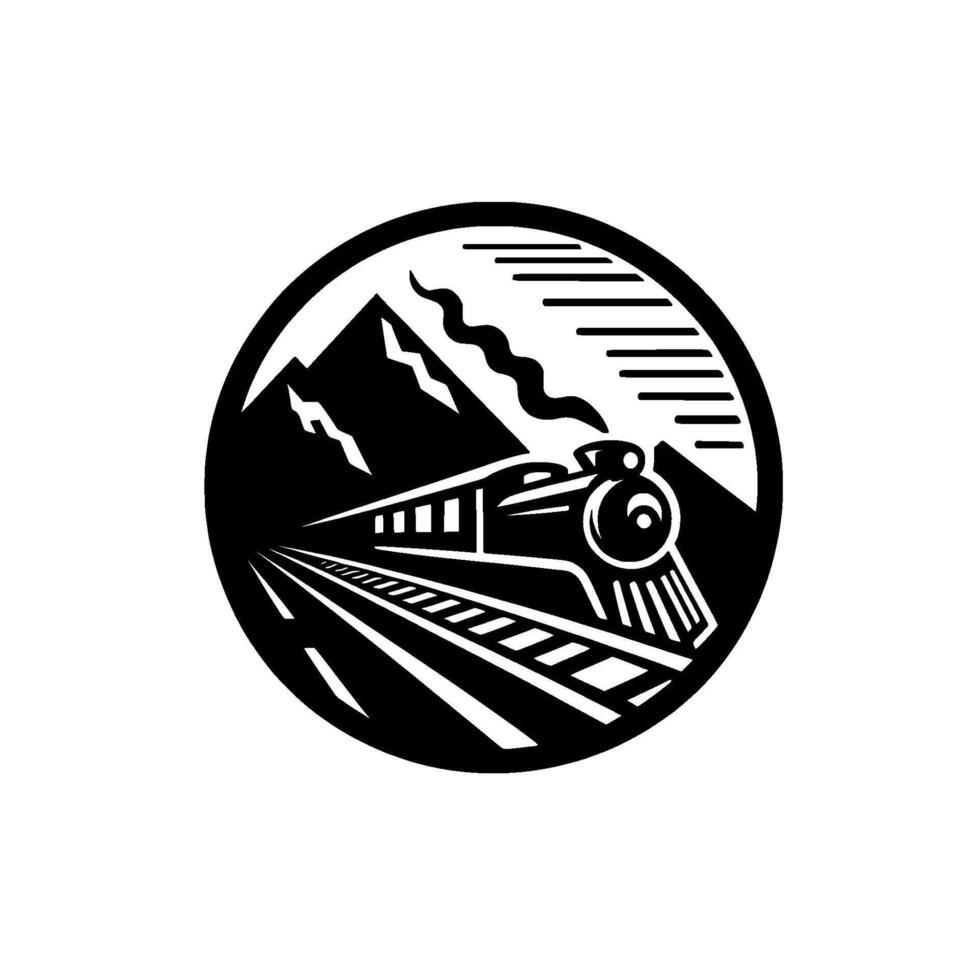 Monochromatic circular featuring a vintage train steaming through mountain terrain on railroad tracks. vector