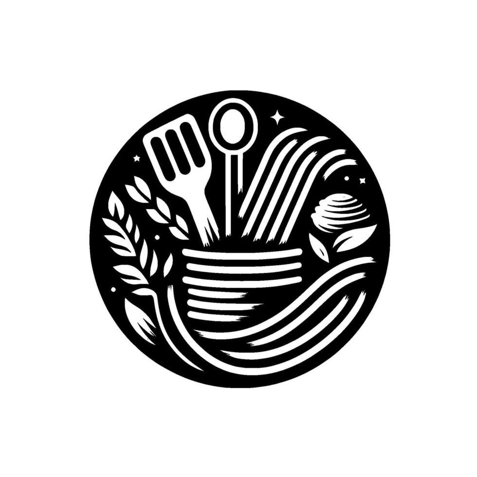 Artistic black and white circular of cooking tools, pasta, leaves, and other elements, suggesting a restaurant or culinary theme. vector