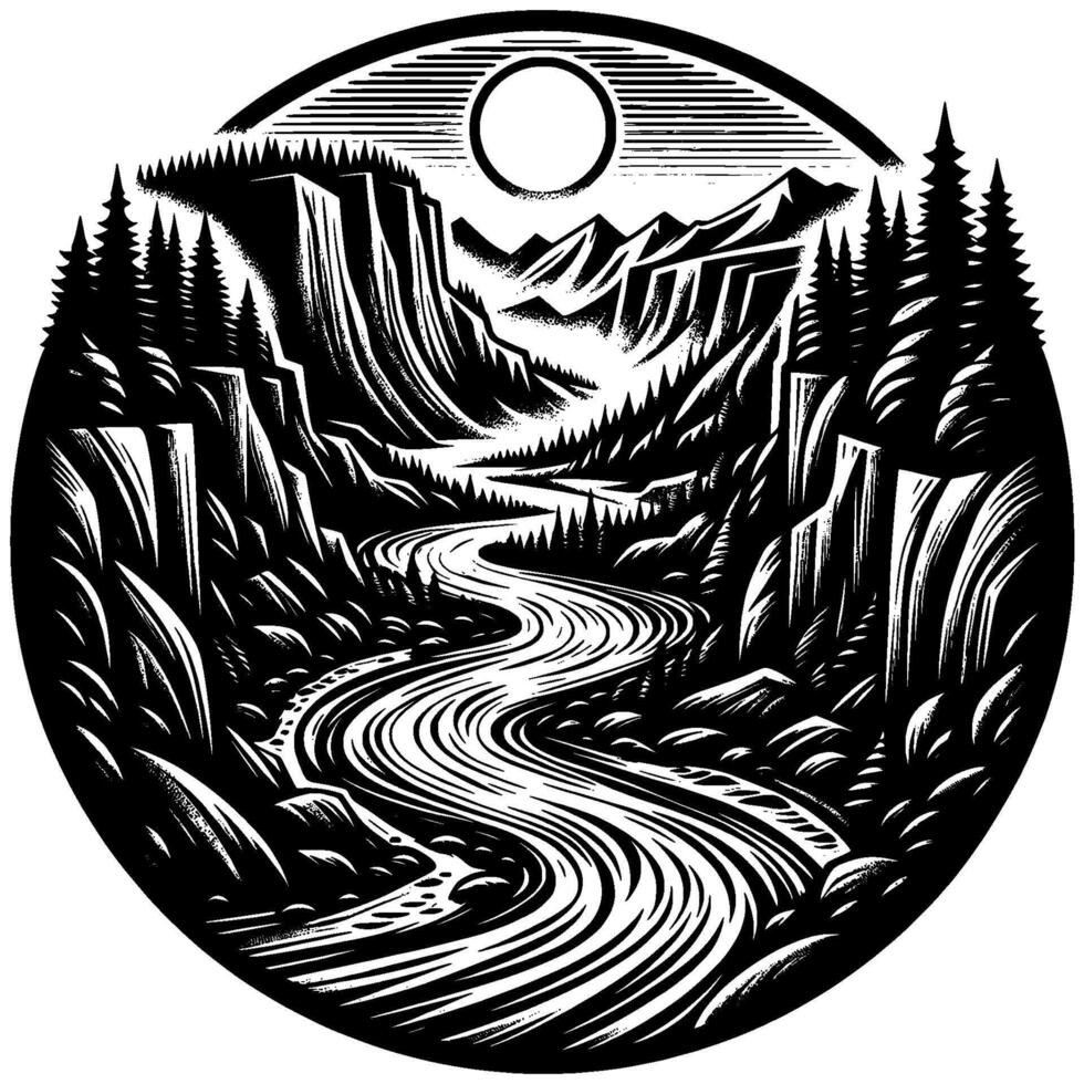 Black and White Circular Nature Scene Winding River, Towering Cliffs, Forest, Mountains, and a Sun in a Stylized Illustration. vector