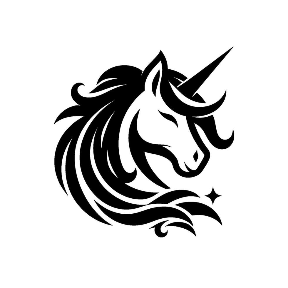 Stylized Black and White Unicorn Head Silhouette with Flowing Mane, Horn, and Star Detail on a Clean White Backdrop. vector