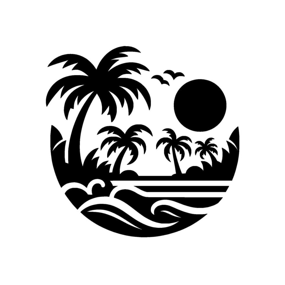Minimalist Black and White Tropical Island Scene, featuring Palm Trees, Ocean Waves, Sun, and Birds in a Circular Composition. vector