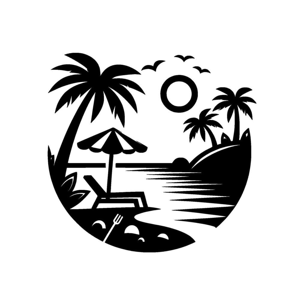 Black White Silhouette of a Tropical Beach Scene, featuring Palm Trees, Waves, Sun, Umbrella, Beach Chair, Birds in Circle. vector