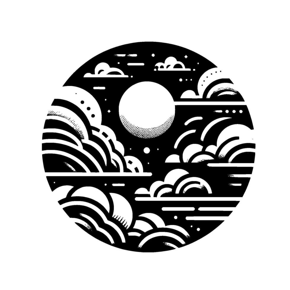 A monochrome, circular illustration of a night sky with a textured moon, stylized clouds, and stars, evoking a calm, minimalist aesthetic. vector
