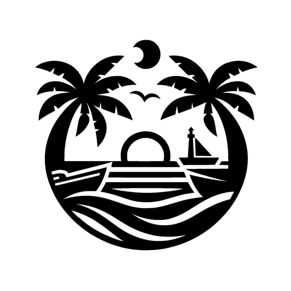 Black White Coastal Silhouette Palm Trees, Moon, Birds, Lighthouse, Boat, SunArch, Waves within a Circle. vector