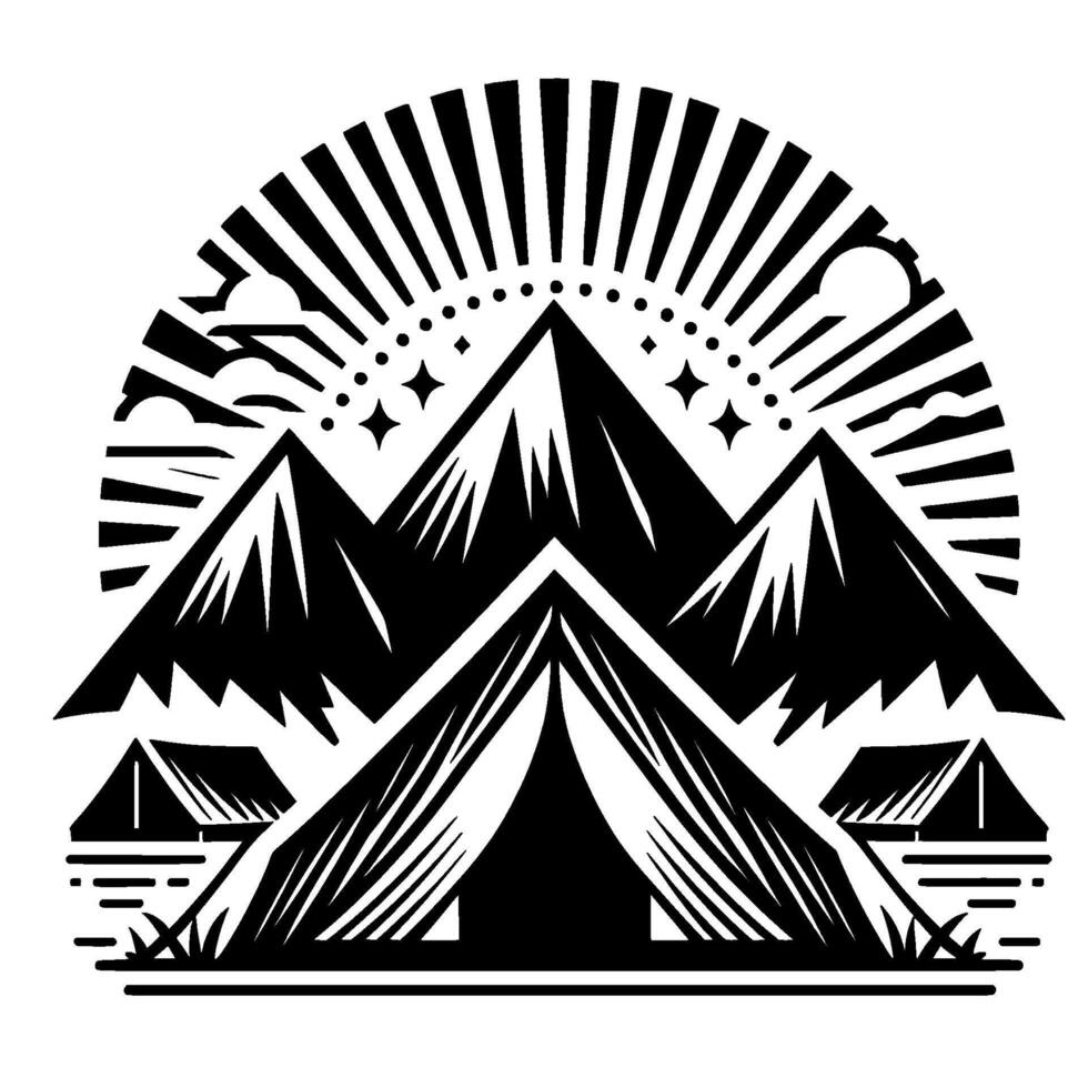 Black and white stylized camping scene featuring tents, mountains, sun rays, clouds, and stars, evoking outdoor adventures and serenity. vector