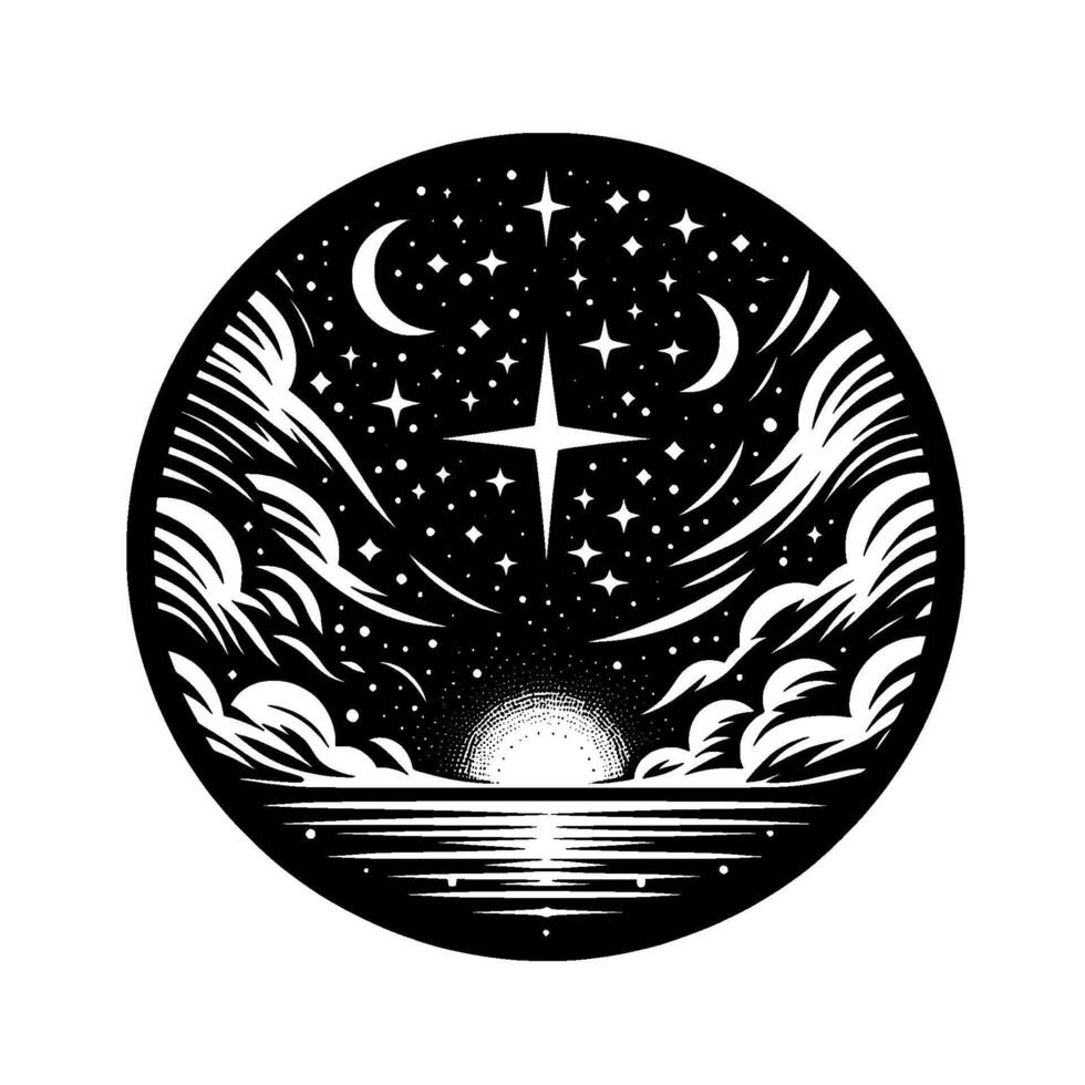 Celestial Circle A monochrome, artful depicting night sky, stars, crescents, and a dotted sun over water, within a circular frame. vector