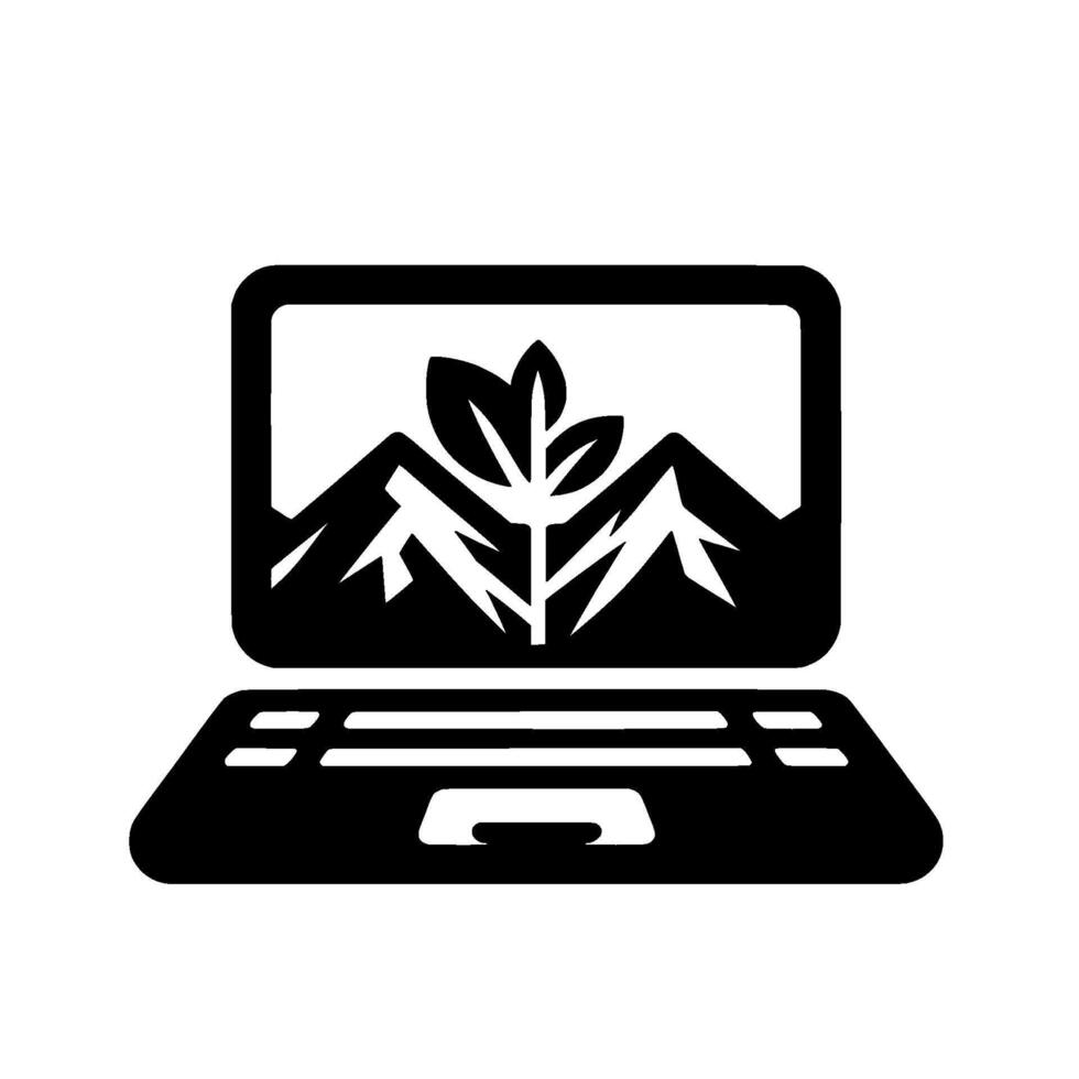 Black Laptop Featuring a Mountain Range Plant Silhouette on Screen, Symbolizing Environmental Technology vector