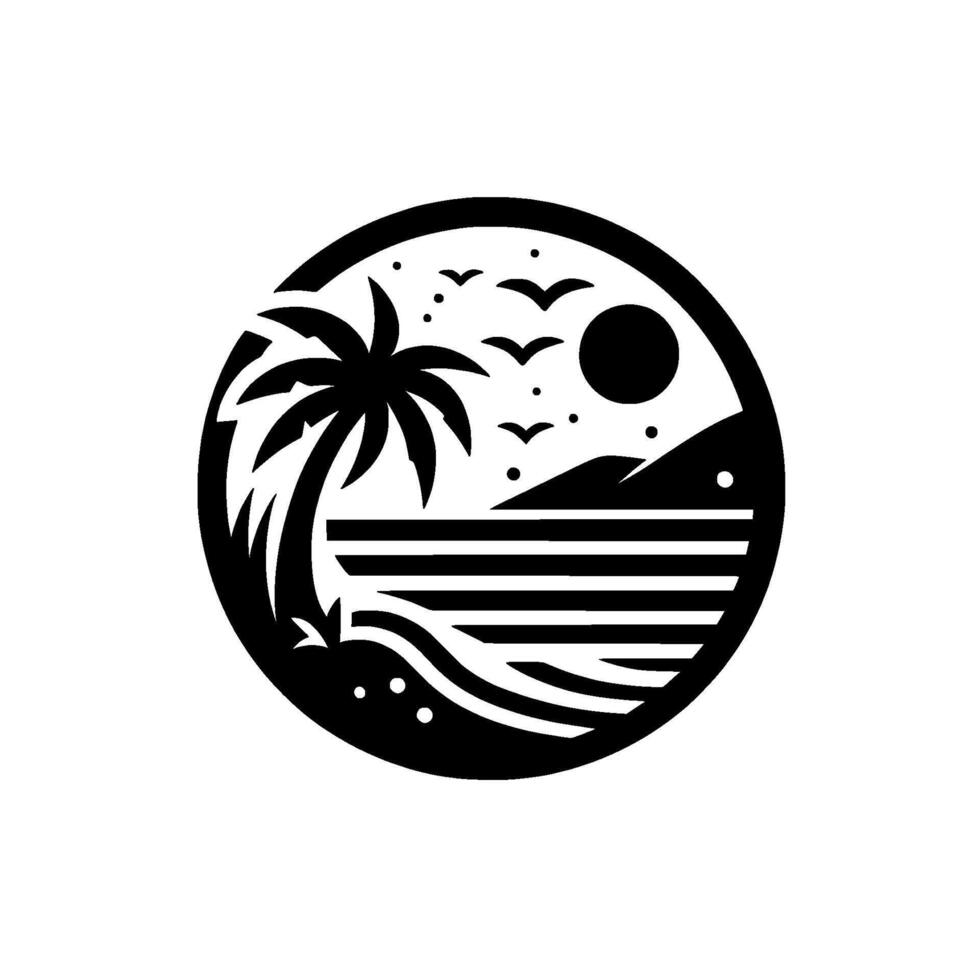 Circular black and white minimalist depicts a coastal scene with palm tree, birds, sun, waves and hills. vector