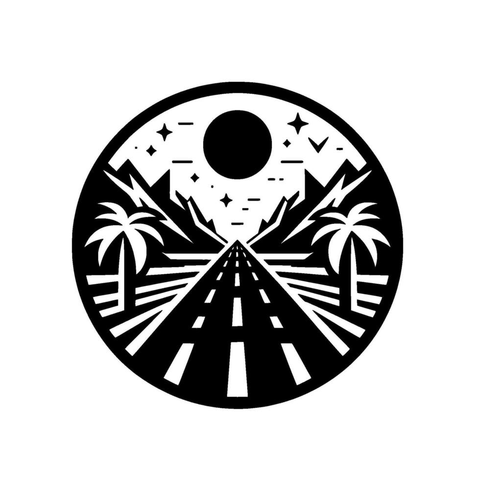 A circular black and white illustration depicting a highway at night, with palm trees, mountains, stars and a moon. vector
