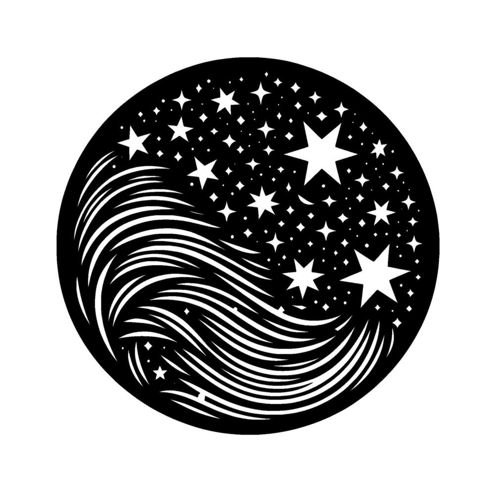 Black and White Circular Artwork A Starry Celestial with Flowing Lines. vector