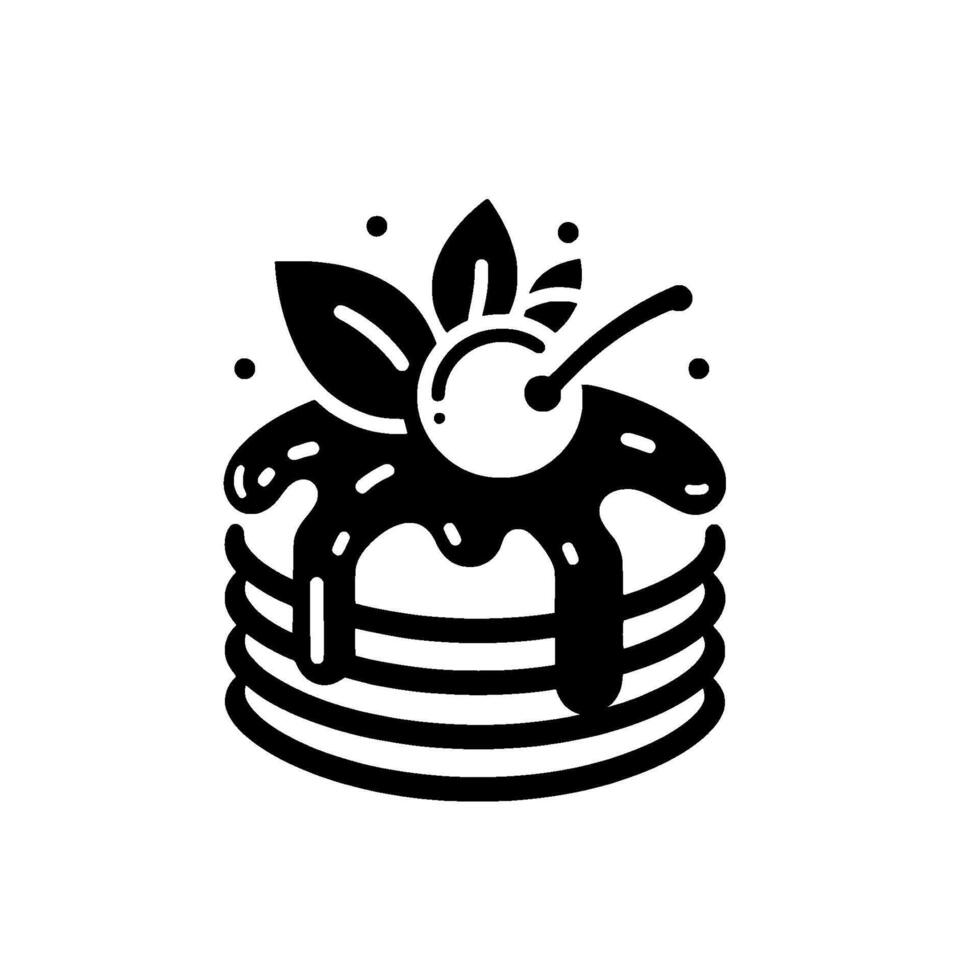 Stacked Black Pancakes with Chocolate Drizzle, Cherry, and Leaves, minimalist illustration on white background. vector