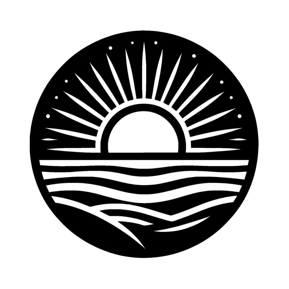 Circular Black and White Illustration of a Rising Sun Over Wavy Ocean, Representing Hope and New Beginnings vector